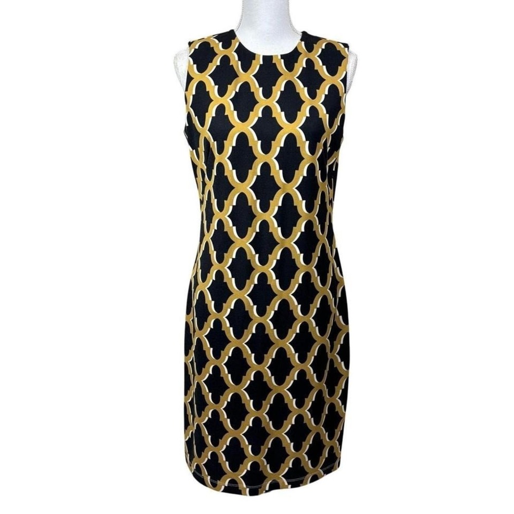 J. McLaughlin Catalina Cloth Geometric Trellis Sheath Dress Mustard Black M